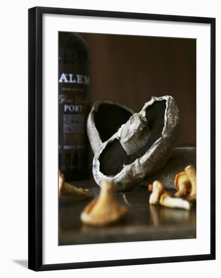 Various Types of Mushrooms in Front of Port Wine Bottle-Henrik Freek-Framed Photographic Print