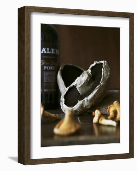 Various Types of Mushrooms in Front of Port Wine Bottle-Henrik Freek-Framed Photographic Print