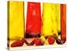 Various Types of Peppers in Front of Red & Yellow Bottles-Monica Varella-Stretched Canvas