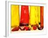 Various Types of Peppers in Front of Red & Yellow Bottles-Monica Varella-Framed Photographic Print