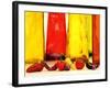 Various Types of Peppers in Front of Red & Yellow Bottles-Monica Varella-Framed Photographic Print