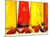 Various Types of Peppers in Front of Red & Yellow Bottles-Monica Varella-Mounted Photographic Print