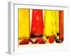Various Types of Peppers in Front of Red & Yellow Bottles-Monica Varella-Framed Photographic Print