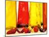 Various Types of Peppers in Front of Red & Yellow Bottles-Monica Varella-Mounted Photographic Print