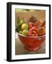 Various Types of Tomatoes in Colander on Table Out of Doors-null-Framed Photographic Print