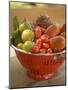 Various Types of Tomatoes in Colander on Table Out of Doors-null-Mounted Photographic Print