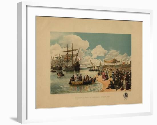 Vasco Da Gama's Arrival in India, C. 1900-Alfredo Roque Gameiro-Framed Giclee Print