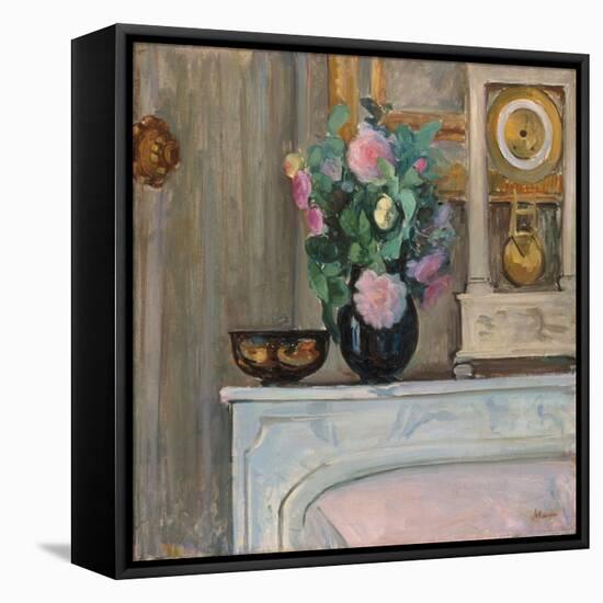 Vase of Flowers and a Clock on a Mantlepiece, C. 1920-Henri Lebasque-Framed Stretched Canvas
