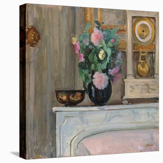 Vase of Flowers and a Clock on a Mantlepiece, C. 1920-Henri Lebasque-Stretched Canvas