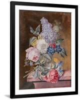 Vase of Flowers Including a Rose and Lilac on a Marble Ledge, 1841 (W/C and Bodycolour on Vellum)-Lucy de Beaurepaire-Framed Giclee Print