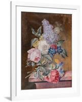 Vase of Flowers Including a Rose and Lilac on a Marble Ledge, 1841 (W/C and Bodycolour on Vellum)-Lucy de Beaurepaire-Framed Giclee Print