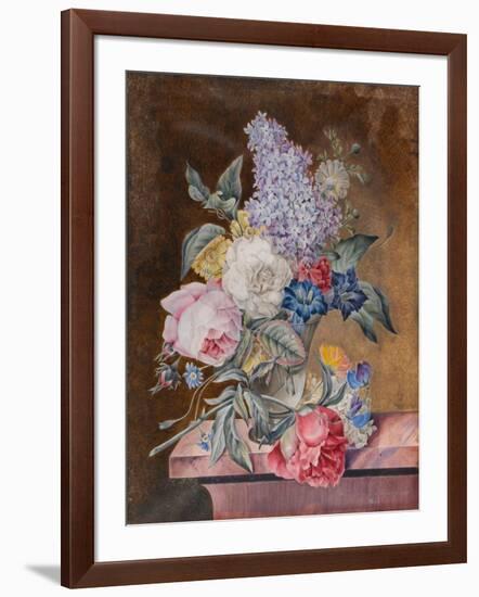 Vase of Flowers Including a Rose and Lilac on a Marble Ledge, 1841 (W/C and Bodycolour on Vellum)-Lucy de Beaurepaire-Framed Giclee Print