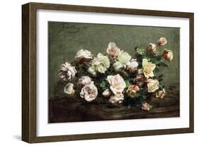 Vase of White Roses on a Table; Vase De Roses Blanches Et Roses Sur La Table-Ignace Henri Jean Fantin-Latour-Framed Giclee Print