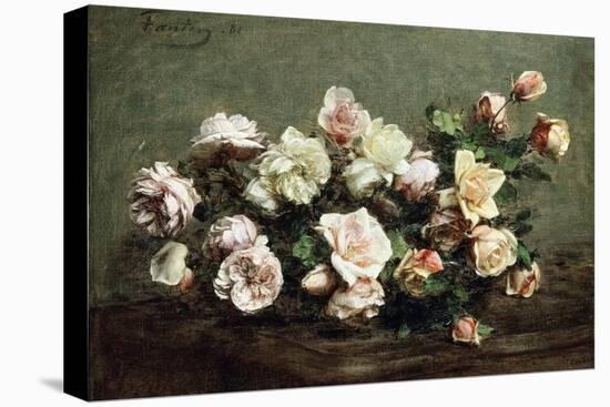 Vase of White Roses on a Table; Vase De Roses Blanches Et Roses Sur La Table-Ignace Henri Jean Fantin-Latour-Stretched Canvas