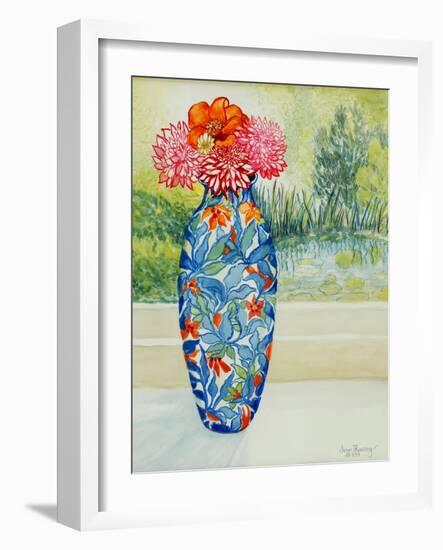 Vase with Dahlias and View of the Pond, 2001-Joan Thewsey-Framed Giclee Print