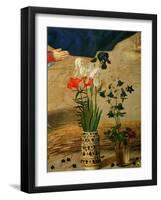 Vase with White, Red and Blue Lilies and Iris, Another with Seven Columbines-Hugo van der Goes-Framed Giclee Print