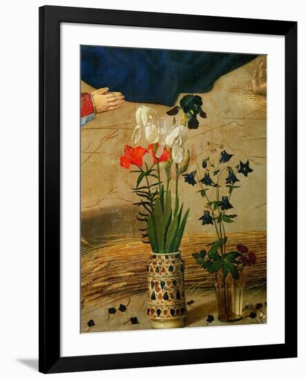 Vase with White, Red and Blue Lilies and Iris, Another with Seven Columbines-Hugo van der Goes-Framed Premium Giclee Print