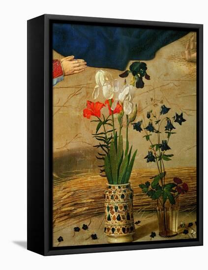 Vase with White, Red and Blue Lilies and Iris, Another with Seven Columbines-Hugo van der Goes-Framed Stretched Canvas