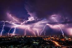 Lightning Storm over City in Purple Light-Vasin Lee-Framed Stretched Canvas