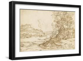 Vaste paysage de collines, traversé d'une rivière, dominée par un château-Giovanni Francesco Grimaldi-Framed Giclee Print