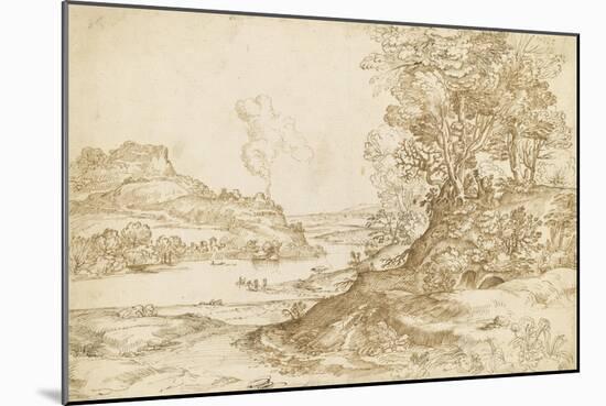 Vaste paysage de collines, traversé d'une rivière, dominée par un château-Giovanni Francesco Grimaldi-Mounted Giclee Print