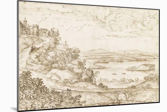 Vaste paysage de plaine avec un lac, et un chemin montant à une forteresse-Giovanni Francesco Grimaldi-Mounted Giclee Print