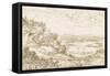 Vaste paysage de plaine avec un lac, et un chemin montant à une forteresse-Giovanni Francesco Grimaldi-Framed Stretched Canvas