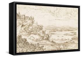 Vaste paysage de plaine avec un lac, et un chemin montant à une forteresse-Giovanni Francesco Grimaldi-Framed Stretched Canvas