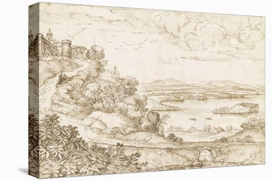 Vaste paysage de plaine avec un lac, et un chemin montant à une forteresse-Giovanni Francesco Grimaldi-Stretched Canvas