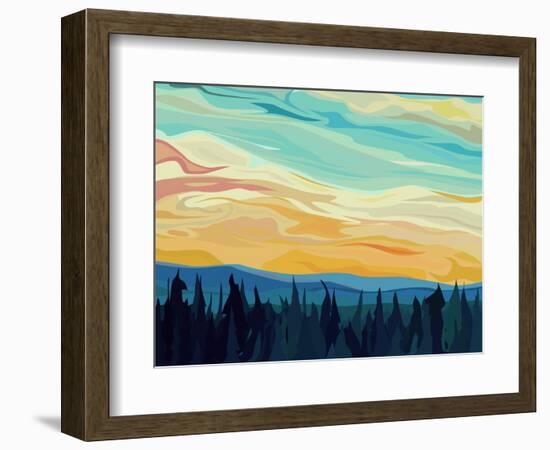 Vector Abstract Illustration Background: Clouds and Hills of Coniferous Forest against Sunset Sky.-Vertyr-Framed Art Print