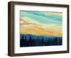 Vector Abstract Illustration Background: Clouds and Hills of Coniferous Forest against Sunset Sky.-Vertyr-Framed Art Print