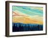 Vector Abstract Illustration Background: Clouds and Hills of Coniferous Forest against Sunset Sky.-Vertyr-Framed Art Print