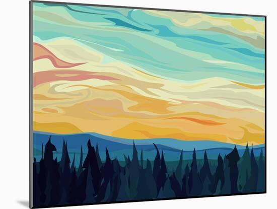 Vector Abstract Illustration Background: Clouds and Hills of Coniferous Forest against Sunset Sky.-Vertyr-Mounted Art Print