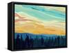 Vector Abstract Illustration Background: Clouds and Hills of Coniferous Forest against Sunset Sky.-Vertyr-Framed Stretched Canvas