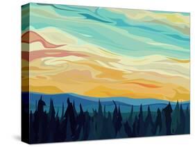 Vector Abstract Illustration Background: Clouds and Hills of Coniferous Forest against Sunset Sky.-Vertyr-Stretched Canvas