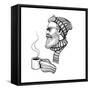 Vector Black and White Bearded Man with Cup Illustration-Julia Waller-Framed Stretched Canvas