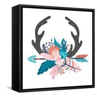 Vector Boho Floral Illustration - Deer Horns with Arrow, Colorful Flower Bouquets for Wedding, Anni-HeyAnnet-Framed Stretched Canvas