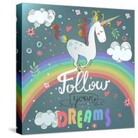 Vector Card with Cute Unicorn, Rainbow, Decor Elements.-Elena Barenbaum-Stretched Canvas