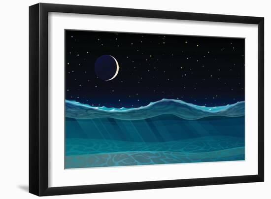 Vector Cartoon Deep Sea Ocean Seascape, Landscape. Underwater, Undersea, Seabed, Bottom Panorama Vi-VetraKori-Framed Art Print