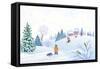 Vector Cartoon Illustration of a Winter Scene in a Small Snowy Village with Playing Kids-Merggy-Framed Stretched Canvas