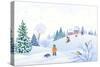 Vector Cartoon Illustration of a Winter Scene in a Small Snowy Village with Playing Kids-Merggy-Stretched Canvas