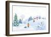 Vector Cartoon Illustration of a Winter Scene in a Small Snowy Village with Playing Kids-Merggy-Framed Art Print