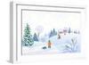 Vector Cartoon Illustration of a Winter Scene in a Small Snowy Village with Playing Kids-Merggy-Framed Art Print