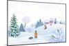 Vector Cartoon Illustration of a Winter Scene in a Small Snowy Village with Playing Kids-Merggy-Mounted Art Print