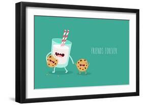 Vector Cartoons of Comic Characters Glass of Milk and Cookies. Friends Forever. Breakfast-Serbinka-Framed Art Print