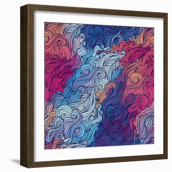 Vector Color Abstract Hand-Drawn Hair Pattern with Waves and Clouds. Asian Style.-Gorbash Varvara-Framed Art Print