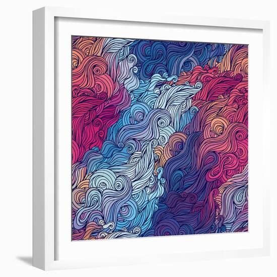 Vector Color Abstract Hand-Drawn Hair Pattern with Waves and Clouds. Asian Style.-Gorbash Varvara-Framed Art Print