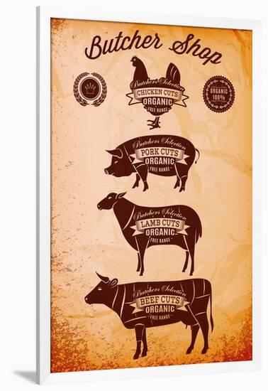 Vector Diagram Cut Carcasses Chicken, Pig, Cow, Lamb-111chemodan111-Framed Art Print