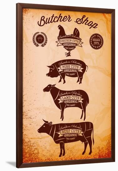 Vector Diagram Cut Carcasses Chicken, Pig, Cow, Lamb-111chemodan111-Framed Art Print