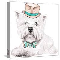 Vector Dog West Highland White Terrier Breed in Hat and Bow Tie-kavalenkava volha-Stretched Canvas